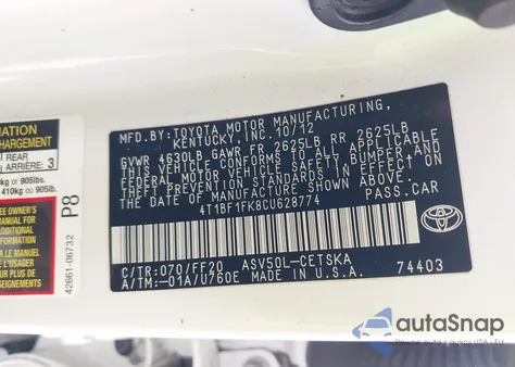 2012 Toyota Camry Se Limited Edition from USA, damaged, VIN 4T1BF1FK8CU628774